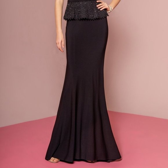 Evening Party Mother of Bride Peplum Floor Length Jersey Dress with Lace Bodice - Picture 3 of 8